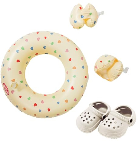 Heless 550 - Puppen-Schwimmset in Beige Herz Konfetti, mit Schwimmring, Schwimmflügeln und Clogs, für Puppen und Kuscheltiere der Größe 35-45 cm