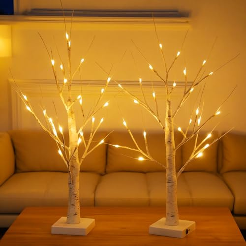 ChaneeHann LED Baum 2 Stück Baumlicht Mit 24 Warmweiß LEDs Batterie Oder USB 60cm Weihnachtsdeko Festliche Beleuchtung