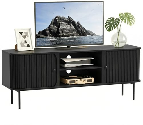 Yvsevnr TV Schrank 150cm Lang Holz Lowboard für Fernseher bis zu 65 Zoll, Fernsehschrank mit Rollladen und mit offenen Fächern, TV-Board Sideboard TV-Tisch für Schlafzimmer, Wohnzimmer Schwarz