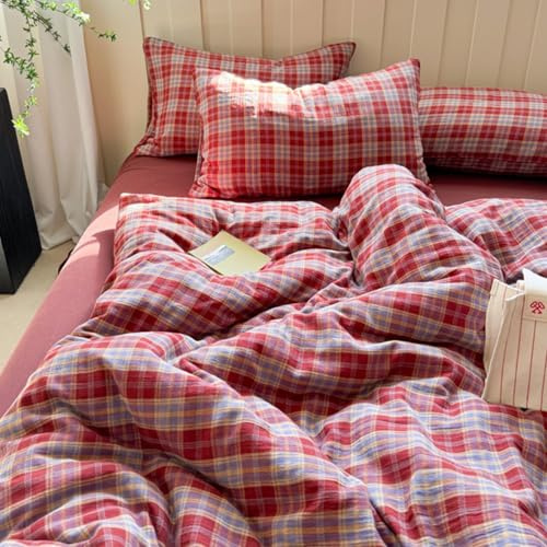 Freyamy Housse de Couette 220x240 Carreaux Vichy Rouge Coloré Grille avec 2 Taies d'oreiller 65x65cm Parure de lit Adultes 2 Personnes Sets de Housse Couette en 100% Microfibre avec Fermeture Éclair