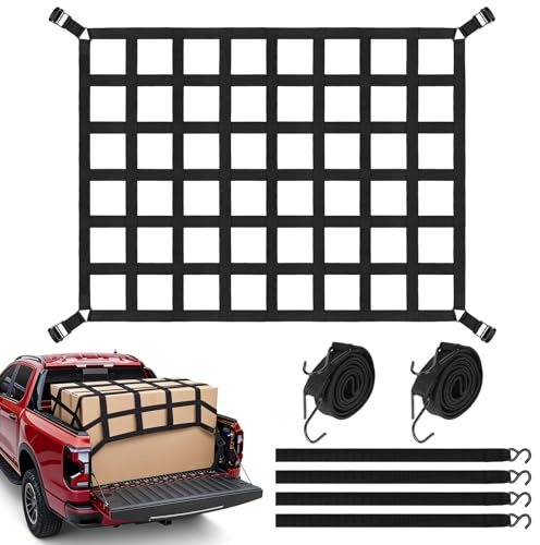 Cargo Netz 127x106cm für Pickup Ladefläche, Ladungssicherungsnetz für Heckklappe und Transportbereich, mit 2 elastischen Befestigungsgurten, Pickup Zubehör für Anhänger und offene Ladeflächen