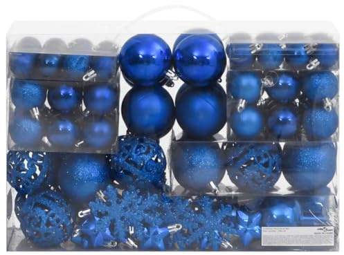 111-tlg. Weihnachtskugel-Set Blau aus bruchsicherem Polystyrol mit 3 Größen und verschiedenen Designs, inklusive Sternen, Schneeflocken, Christbaumspitze, ideal zum Schmücken von Tannenbaum