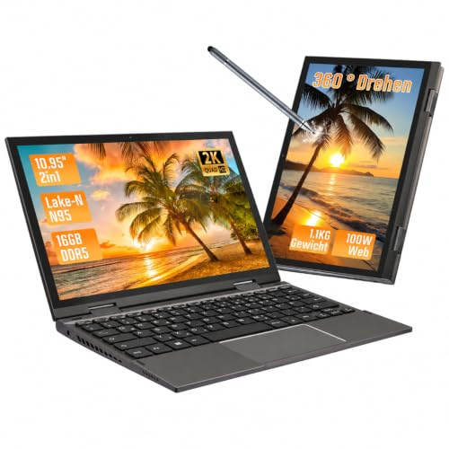 BINTEC Computer portatile convertibile con touchscreen 2K da 11, N95,16 GB DDR5 512 GB SSD, laptop 2 in 1 con lettore di impronte digitali, tastiera retroilluminata, penna stilo ideale per lavoro e