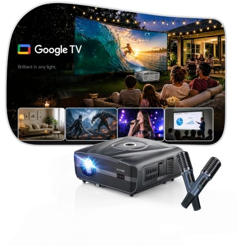 4K Smart Projector with Google TV, 3000 ANSI, 70W Stereo Sound, 2 Wireless Microphones, Karaoke & Party Projector, HDR10 & HLG, WiFi, Bluetooth, NFC Casting, 6-Colour LED