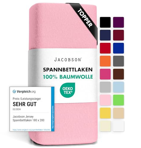 Jacobson Jersey Spannbettlaken Spannbetttuch Baumwolle Bettlaken (Topper 140-160x200 cm, Rosa)