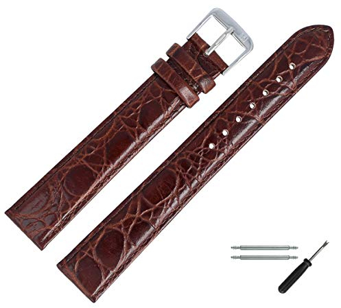 MARBURGER Uhrenarmband 14mm Leder Braun Silber XL Kroko Prägung Mit Naht - Montage Set 6811431000120