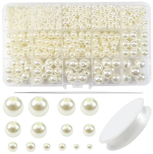 TOAOB 1400 Piezas Perlas de Imitación Beige de Plástico Redondo de 3 mm a 14 mm con Agujas de Perlas de Hilo para La Fabricación Artesanal de Joyas de Anillo de Collar de Pulsera DIY