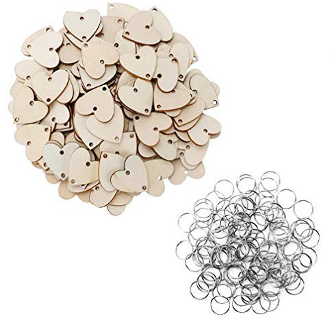 Toddmomy 50pcs Heart Wooden Slices with 50pcs Iron Set Wooden Heart Tags with Holes for Crafts DIY Calendar Accessories Home Decoration