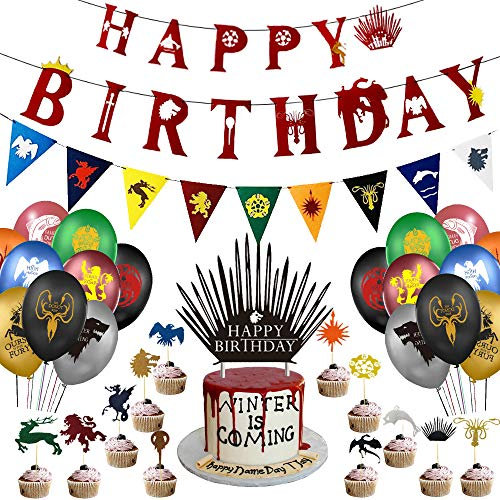 Col-Pary Games of Thrones Birthday Banner, GOT Banner, Cake and Cupcake Toppers, Balloons for GOT Birthday Party Supplies Decorations, 63PCS IN ALL