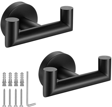 Towel Hooks for Bathrooms,Towel Hook for Kitchen Bathroom,SUS304 Stainless Steel Coat Hook,Heavy Duty Double Holder Robe Hooks for Hanging Towels,Coats,Sponges,Clothes,Wall Mount,Matte Black,2 Pack