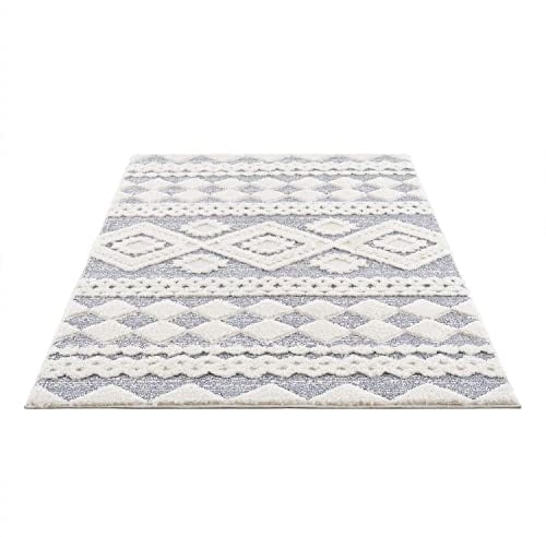 carpet city Teppich Hochflor Wohnzimmer - 80x150 cm - Landhaus-Stil Ethno Grau Creme - Cut-Loop, Hochtief, 3D-Effekt - Shaggy Teppiche Flauschig-Weich Schlafzimmer Langflor