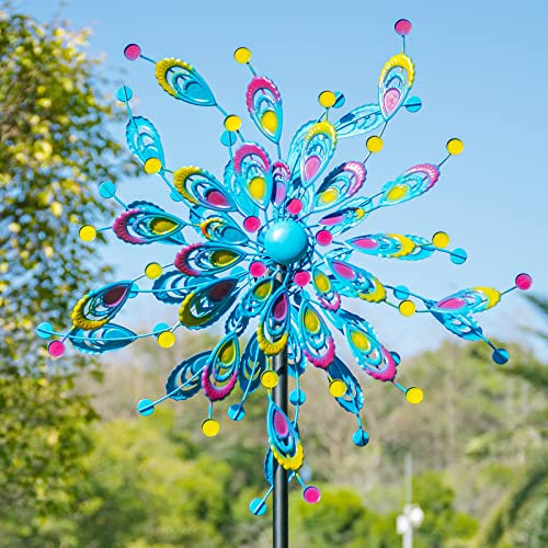 MUMTOP Windspiele – Windspiel für Hof und Garten, 180 cm, 360 Grad Pfau, große Windskulpturen & Spinner für Terrasse, Rasendekoration