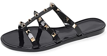 OMGard Jelly Shoes for Women Size 9, Black Studded Jellies Flat Sandals Summer Beach Rivets Strappy Slide Slip On Open Toes