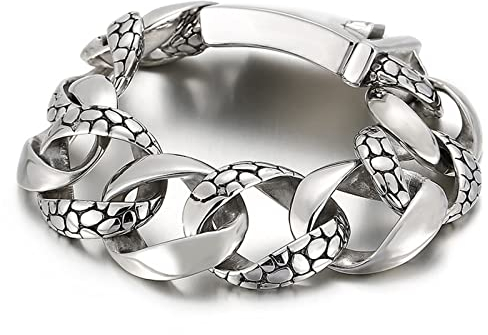 Skcess Lederarmband Männer Silber,Armband Raue Kette Mit Schlangenmuster Rostfreier Stahl Magnetarmband Herren 220X24Mm
