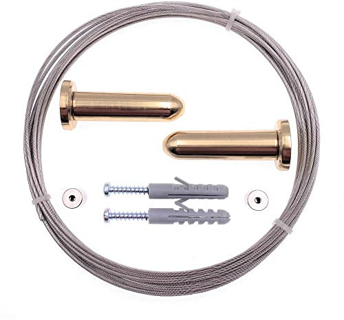DécoProfi Seilspannsystem TORRE Messing poliert Gardinenstange Seil 5m Edelstahl (Nirosta) / Silberfarben I Vorhang/Gardine Seilspanngarnitur Edelstahl I Halterungen/Befestigung Seilsystem