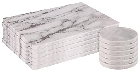 Argon Tableware Marble Placemats & Round Coasters Set - 12pc - White - Kitchen Dining Table Mats Bar Drinks Coaster Protector Place Mats for Home, Restaurant Catering
