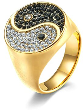 Ayoiow Ringe Männer, Ringe für Männer Edelstahl Tai Chi Yin Yang Ring Einlage mit Weißen und Schwarzen Zirkonia