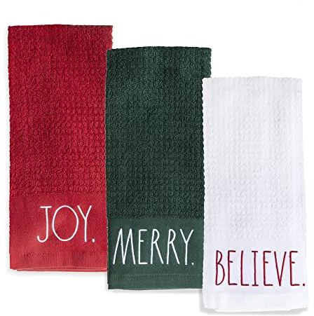 Rae Dunn Set mit 3 Handtüchern für Küche und Bad, 100% Baumwolle, bestickt, Weihnachtsmotiv, 40,6 x 66 cm, dekorative Handtücher