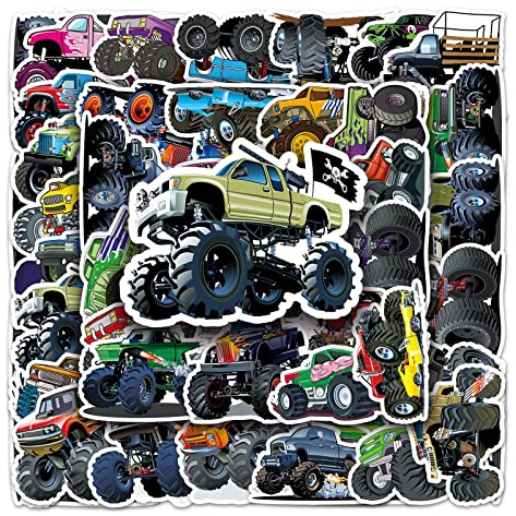 T TAKONE Monstertruck-Aufkleber, 50 Stücke Vinyl Feuerwehr Auto Kinder Sticker, Wasserdichte und Wiederverwendbare Jungen-fahrzeugaufkleber für Koffer, Wasserflasche, Laptop, Skateboard