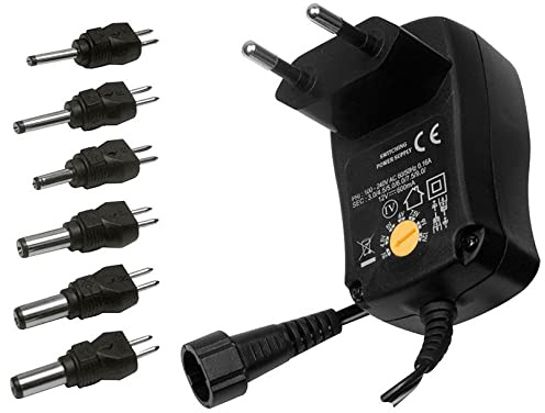 Alimentatore switching con tensione regolabile 3/4,5/5/6/7,5/9/12 Vdc 600mA, 6 spinotti inclusi - Victory