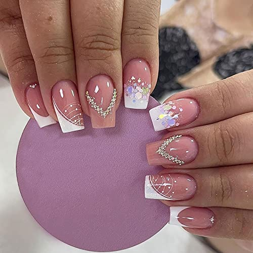 24PCS Court Carré Faux Ongles Français Acrylique Ongles à Coller Couverture Complète Artificiels Glossy Press on Nails Naturel Faux Ongles Autocollants pour Femmes et Filles (Rose Brillant)