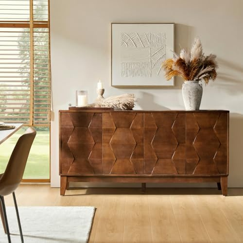 HULALA HOME Mid Century Sideboard Buffetschrank mit Massivholzbeinen, 152,4 cm Küchenschrank Credenza mit 4 Türen und 2 Regalen, Akzent-Konsolentisch, Walnuss