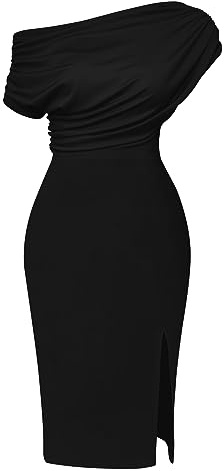 Memoriesea Women's Elegant Off Shoulder Split Hem Bodycon Ruched Midi Club Party Dress Black