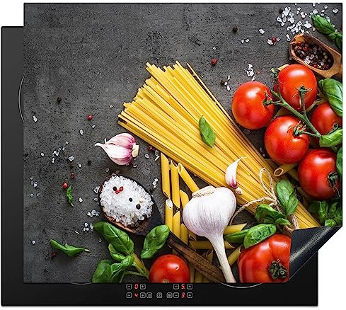KitchenYeah© Herdabdeckplatte Einteilig Abdeckplatten Cerankochfeld Abdeckung Ceranfeld Herdplattenabdeckung Induktionsmatte Nudeln - Kräuter - Tomaten - Gewürze - Rustikal - 60x52 cm