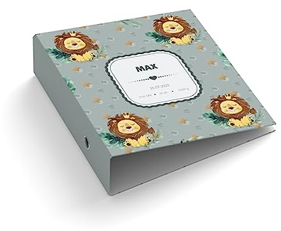 Ringordner | Ordner für Kinder | mit Name + Geburtsdaten personalisieren | Löwe mit Krone | Mit Griffloch | für DIN A4 | 7,4 cm breit | Geburt | Kinderordner