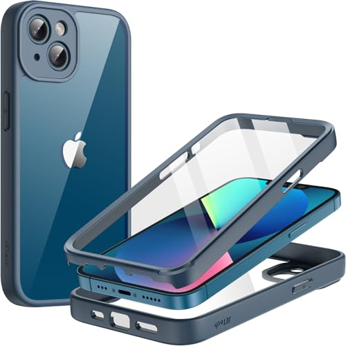 JETech Hülle für iPhone 13 6,1 Zoll mit Eingebaut Gehärtetem Glas Schutzfolie, 360 Grad Ganzkörper Schwerlast Schutz, Stoßfeste Robuste Handyhülle Klare Rückseite (Navy)