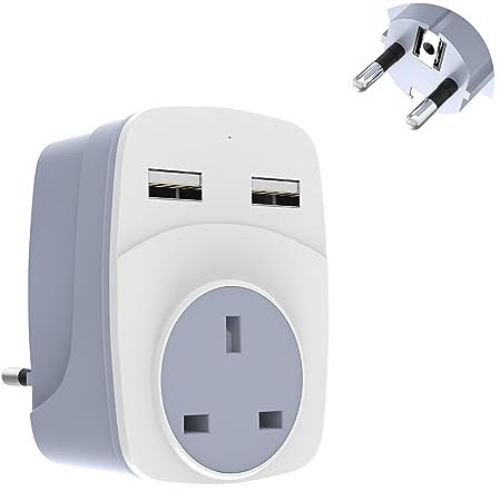 Pipestation - UK to European Plug Adapter - 1 Pack - Travel Plugs UK to EU & 2 USB A Ports - Universal Adapter Plug UK to Europe Type C, E, F - EU Travel Adapter & Short Circuit Protection