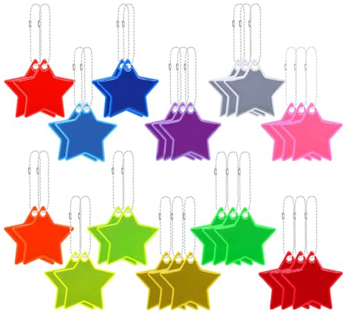 Aimeke Lot de 30 pendentifs réflecteurs de sécurité - Étoile - Porte-clés réfléchissant pour sac à dos, cyclisme, marche (12 couleurs)