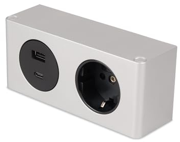 kalb | Möbel-USB-Powerbox, Unterbaumontage, 230V Steckdose, USB-A und USB-C Anschluss, 140x46x62,5 mm, Silber - Ladestation für Elektrogeräte