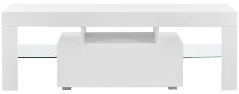 Helloshop26 Meuble TV avec éclairage LED Multicolore Banc Support Design avec étagères 130 cm Blanc 03_0005859