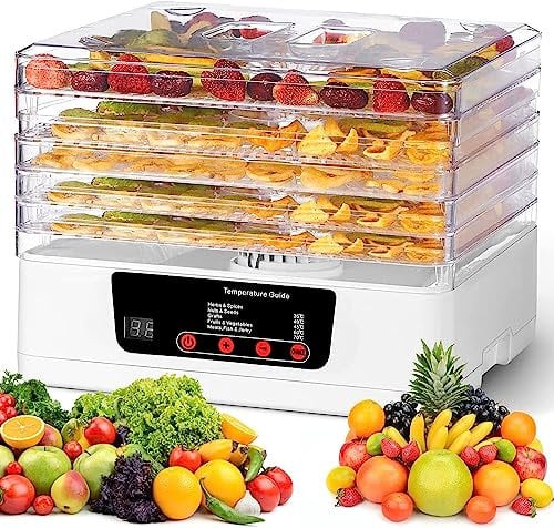 Food Dehydrator - 350W BPA Free 5 Tray Fruit Dryer Machine with Adjustable Temperature and 24H Timer - Ideal for Drying Fruit, Vegetables, Meat - Turkey Jerky & Fish Jerky Maker
