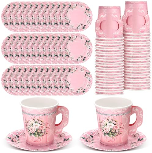200 Pcs Floral Paper Tea Cups and Saucers 7 oz Disposable Tea Party Decorations Vintage Cute Paper Tea Cups and Plates with Handles for Girls Wedding Baby Bridal Shower Birthday, Serve 100(Pink)