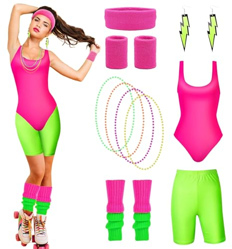 HIQE-FL 80er Jahre Accessoires Outfit für Damen, Workout Kostüm mit Bauchtasche, 4 Perlen Neonhalsketten für Karneval, Fasching, Mottoparty