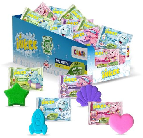 INKEE Bath Fizzer Mix Komplettes Verkaufdisplay- 40 Sprudelbad Kinder Badebomben mit Mandelöl, Badekugeln 40x 20g mit 4 verschiedenen Fraben, Duften und Formen