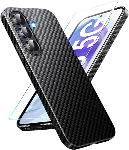 A55 Hülle Carbon mit Schutzfolie Handyhülle für Samsung A55 5G Hart Case Ultra dünn Hybrid PC Schutzhülle für Samsung Galaxy A55 5G Hüllen Stoßfest 360 Grad Slim Cover (Schwarz)