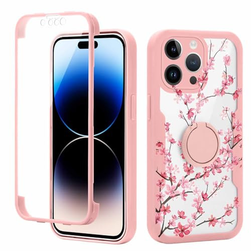 Yoedge Kickstand Phone Case for iPhone 13 Pro Max 6.7, 360°Rotatable Magnetic Ring Holder Cases,Full Body Shockproof Silicone TPU Back Cover with Built-in Screen Protector, Cherry Flower