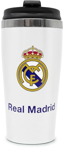 ms móvil shop REAL MADRID Taza Térmica de Café Acero inoxidable | 100% Oficial | Bebidas Frias y Calientes con cierre seguro (Blanco)