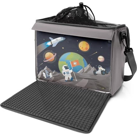 fantifant Baustein-Tasche mit ausklappbarer Bauplatte passend für kleine Bausteine vieler Marken I Größe M I meteoritengrau