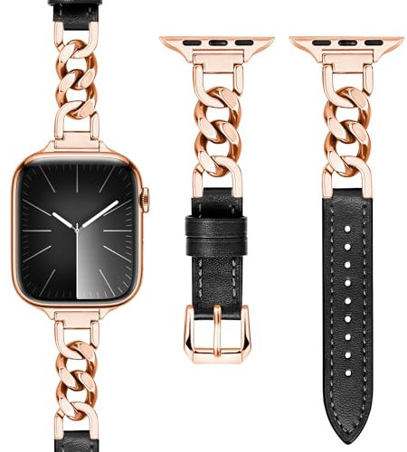 Aniaboho Lederarmband Kompatibel mit Apple Watch Armband 45mm 44mm 49mm 42mm, Lederband Ersatzband mit Metallkette für iWatch Ultra 2 1 SE 11 10 9 8 7 6 5 4 3 2 1,Schmuck für Fraue,Schwarz/RoséGold