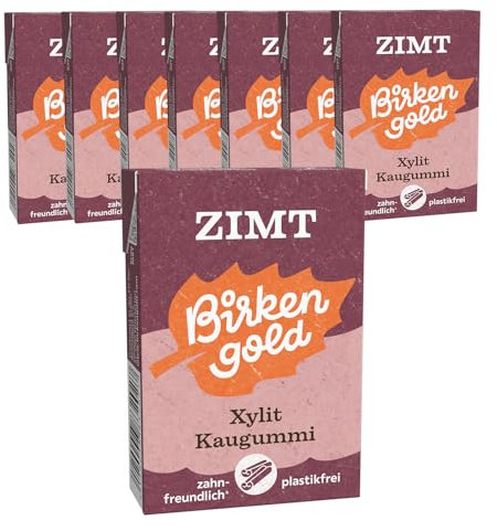 Birkengold Xylit Zahnpflege Kaugummi | Zimt | plastikfrei | 8 Stk. | Natürliche Kaumasse (Chicle) | Ohne Erdöl | Zuckerfrei | Naturkosmetik zertifiziert | vegan