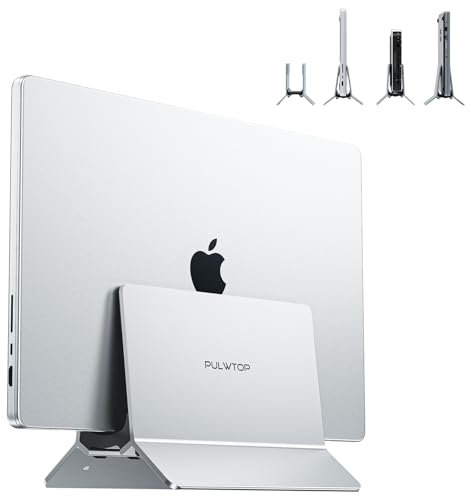 PULWTOP Vertikaler Laptop Ständer, MacBook Ständer Aluminium Halterung mit Verstellbarer Vertikal Stand für laptops, Notebook, MacBook Air,Pro,Tablet and iPad, Laptopständer für Mac Mini - Silber