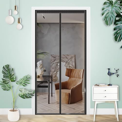 Cortina de puerta antimosquitos, cortina magnética antiinsectos para puerta de balcón, puerta de terraza, montaje fácil de pegar, 185 x 180 cm, color negro puro