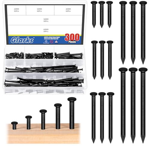 Glarks 300pcs 20/30/40/50/60mm Ziegel Stahl Nägel Kit, schwarze Kohlenstoffstahl Hardware Nägel, Finishing Nägel, Brad und Bild hängende Nägel, Holz Nägel, Zement Nägel für Trockenbau und Kiefer