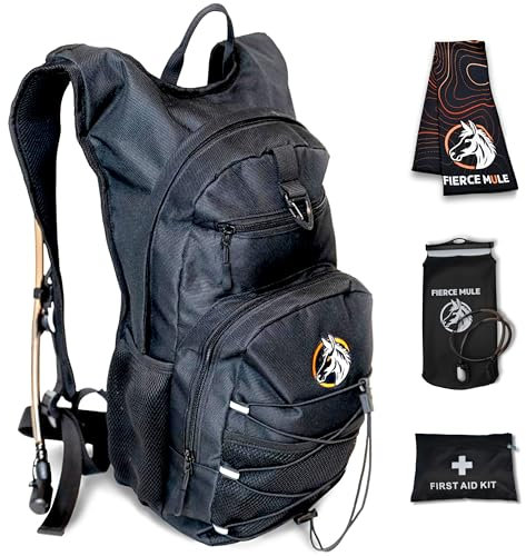 Fierce Mule Trinkrucksack mit 3L Wasserblase, Erste-Hilfe-Set & Kühlhandtuch - Wasserrucksack reichlich Stauraum, reflektierende Gurte & Trinkschlauchverschluss für Laufen, Wandern, Camping,