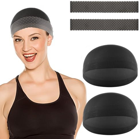 DIVINA VITAE 4 Stück Wig Cap Silikon Perückenband Set Perücken Haarnetz Rutschfestes Elastisches Wig Band Wiederverwendbar Nahtlos Perückenkappe Perückennetz Perücken Zubehör Grau Schwarz
