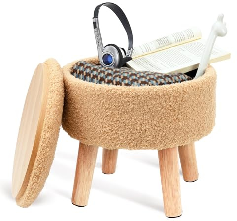 BRIAN & DANY Fußhocker mit Stauraum, Kunst-Teddyfell, runder Stauraum, Ottomane, Fußhocker mit Beinen, Sofa, Fußstütze für Wohnzimmer, Eingangsbereich, Büro, Champagner